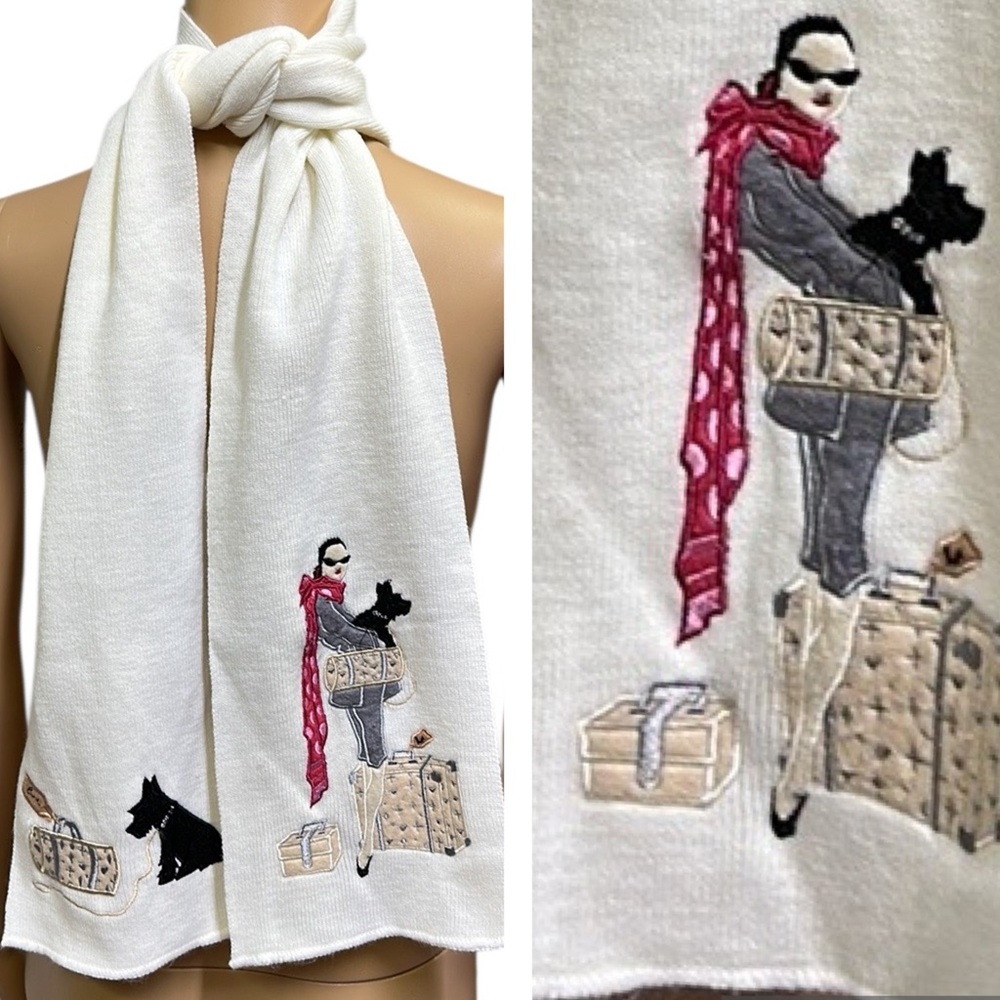 Cream Knit Scarf Patchwork Embroidery Traveling Lady with Scottie Dog Luggage
